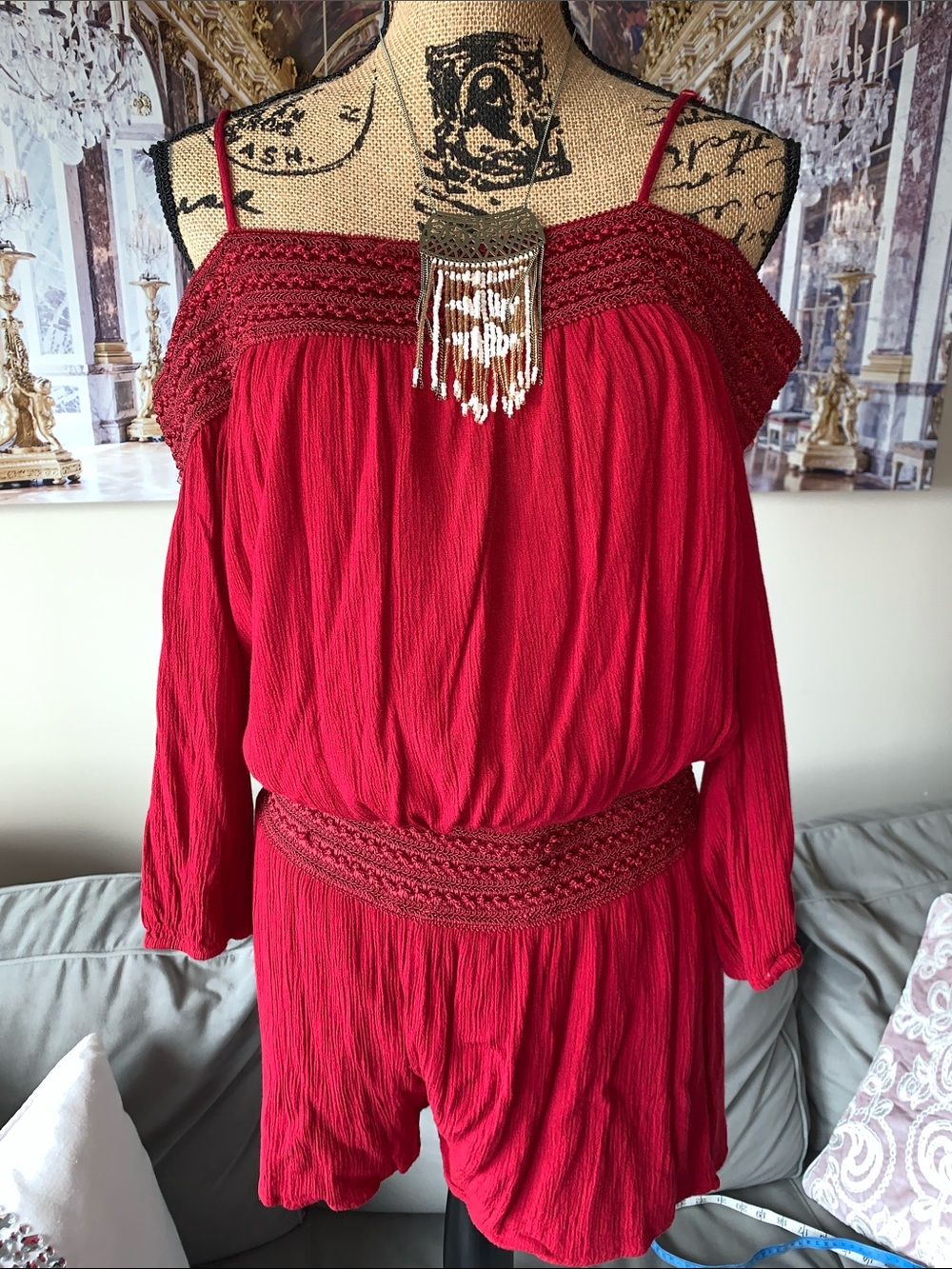 Purple Snow Deep Red Off-Shoulder Romper with Crocheted Trim